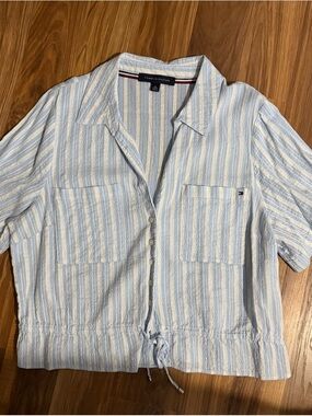 Tommy Hilfiger Blue & White Striped Drawstring Button Shirt